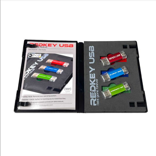 Redkey USB Ultimate Data Wipe Kit: open case showing Redkey, Bluekey and Greenkey