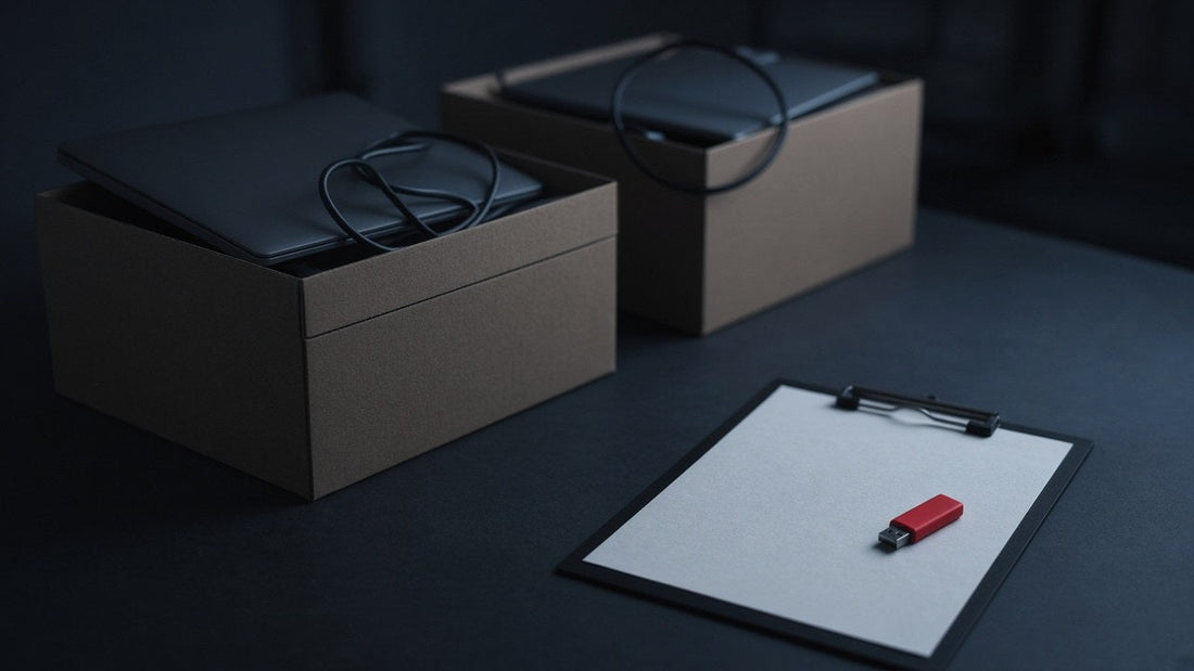 Boxes of retired laptops and cables beside a clipboard and a red USB stick on a dark desk
