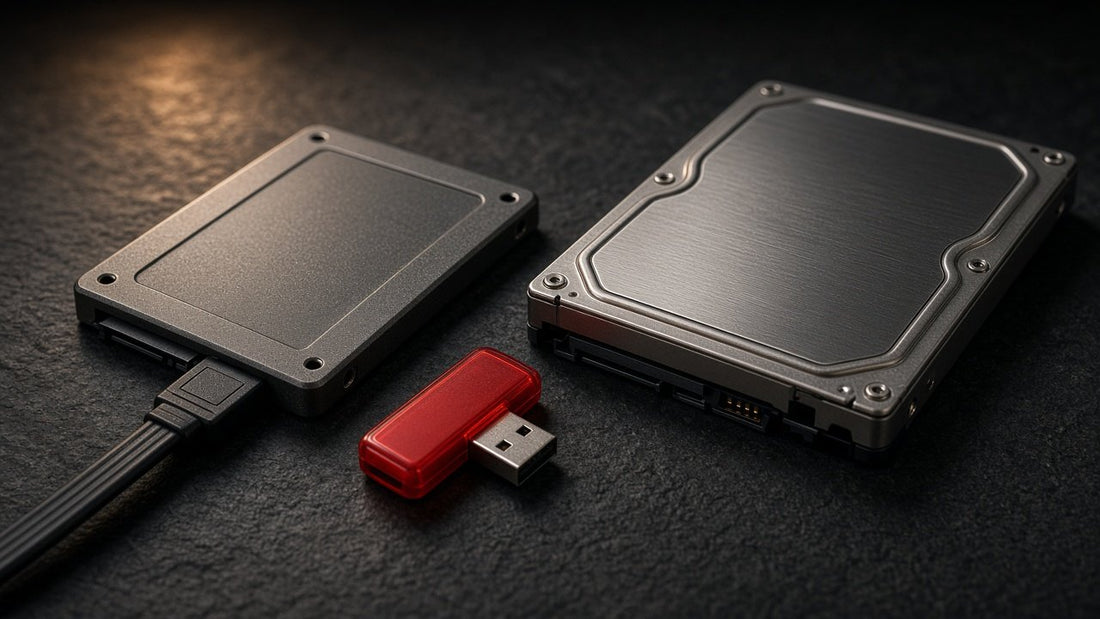 SATA SSD and hard drive side by side on a dark slate bench with a red USB stick