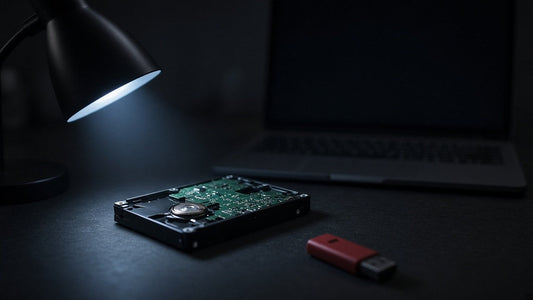 Hard drive circuit board lit by a desk lamp beside a laptop and a red USB stick