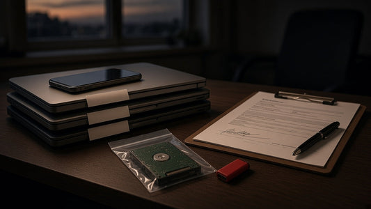 Stacked laptops with asset tags, a signed custody form, a bagged hard drive and a red USB stick on a dark desk