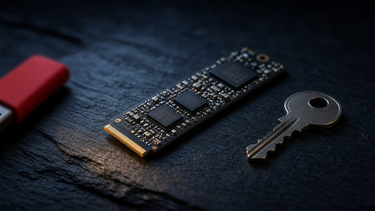 M.2 NVMe SSD beside a metal key on dark slate with a red USB stick at the edge