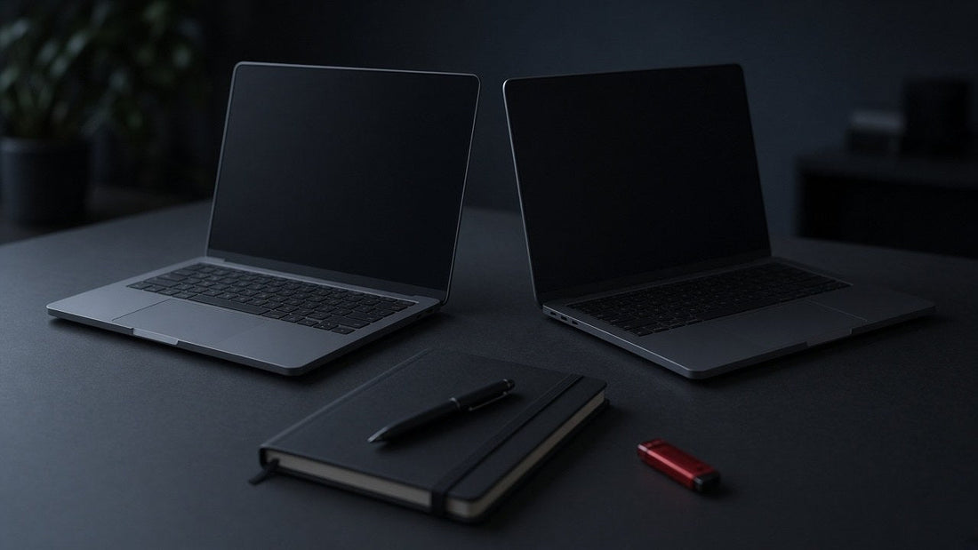 Two open laptops side by side on a dark desk with a notebook, pen and a red USB stick