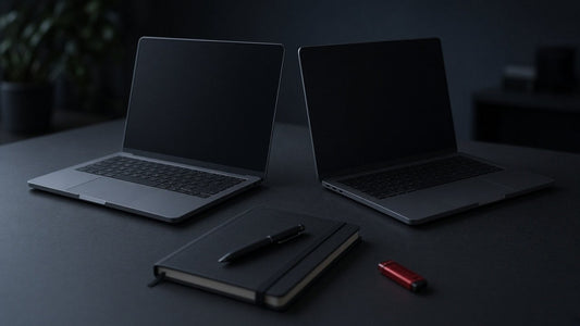 Two open laptops side by side on a dark desk with a notebook, pen and a red USB stick