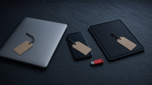 Laptop, smartphone and tablet with blank resale tags on a dark slate desk beside a red USB stick