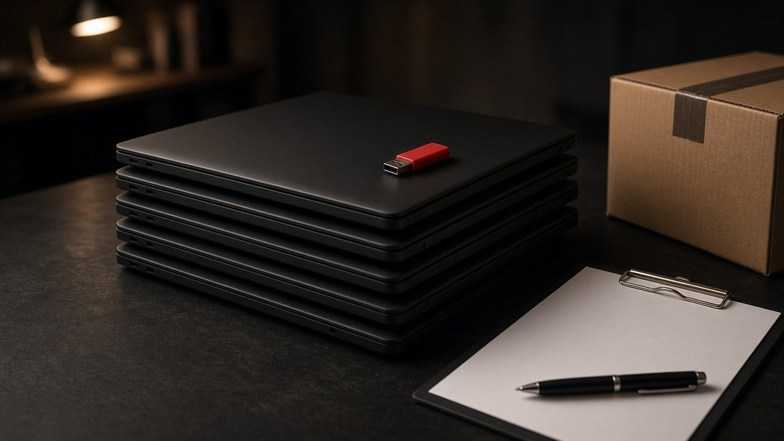 Stack of five closed business laptops with a red USB stick, a cardboard box and a blank clipboard