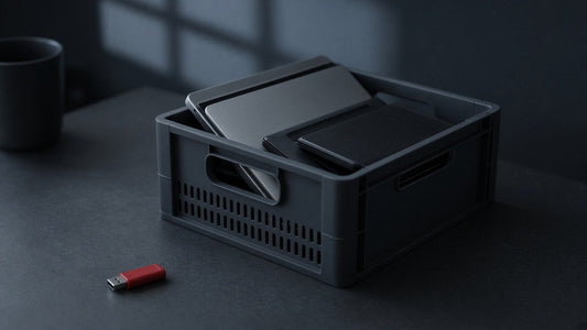 Plastic crate of old laptops and devices on a dark desk with a red USB stick beside it
