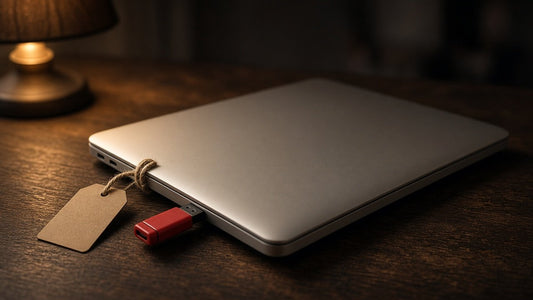 Closed laptop with a blank sale tag and a red USB stick plugged in on a dark wooden desk