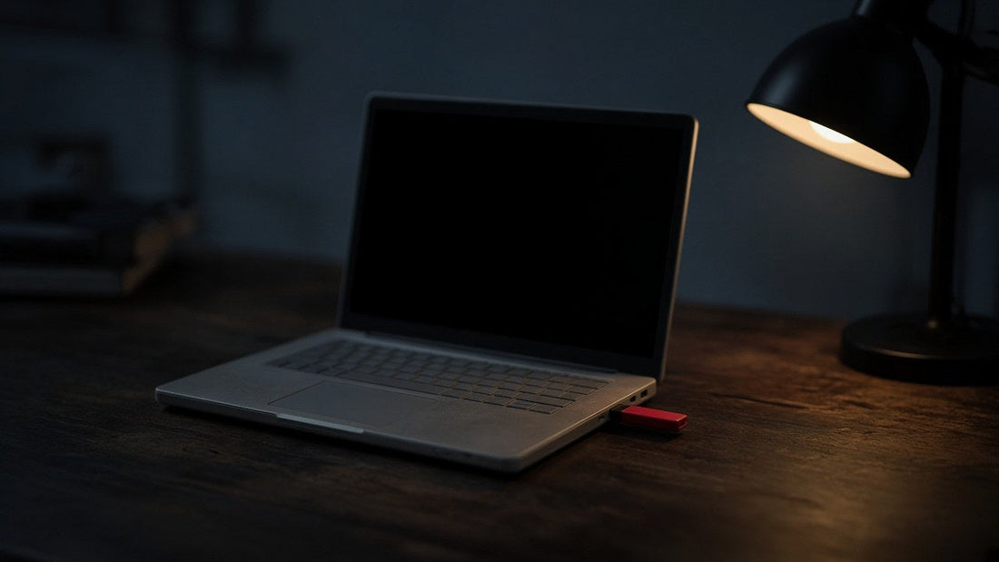 Older open laptop on a wooden desk under a desk lamp with a red USB stick plugged in