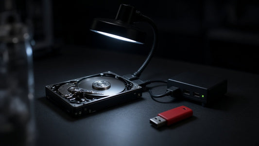 Opened hard drive connected to a write-blocker under a lamp with a red USB stick on a dark bench