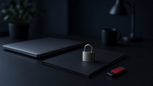 Closed laptop and a dark folder with a padlock on a desk beside a red USB stick