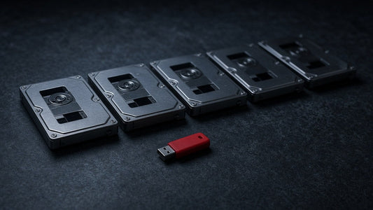 Row of bare hard disk drives on a dark surface with a red USB stick in front