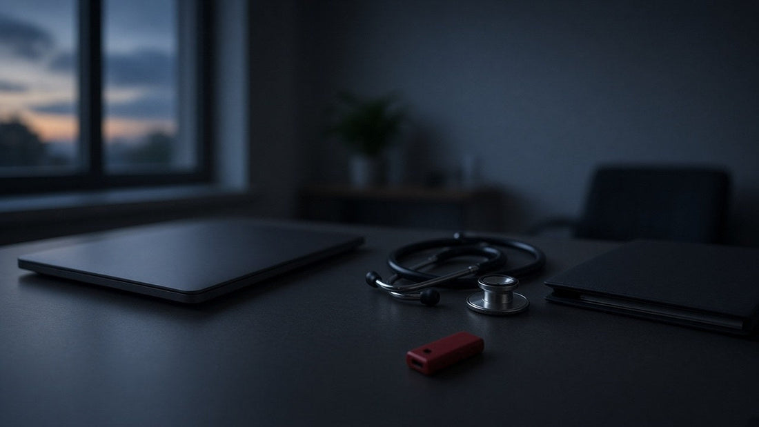 Closed laptops and a stethoscope on a dark office desk with a red USB stick