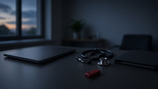 Closed laptops and a stethoscope on a dark office desk with a red USB stick