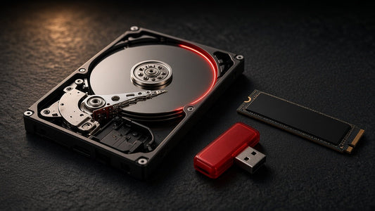 Opened hard drive with a red glow along the platter edge beside an M.2 NVMe SSD and a red USB stick on dark slate