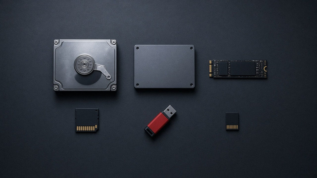 Hard drive, SSD, M.2 drive and memory cards laid out on a dark surface with a red USB stick
