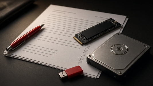 Policy pages with a red pen, an NVMe SSD, a hard drive and a red USB stick on a dark desk