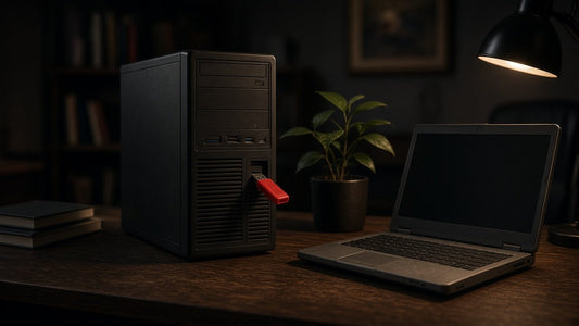 Old desktop tower with a red USB stick and an older laptop on a wooden table in a home study