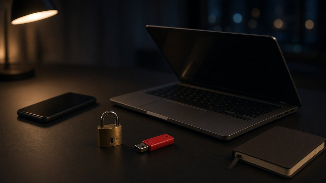 Smartphone, laptop, notebook, brass padlock and red USB stick on a dark desk at night