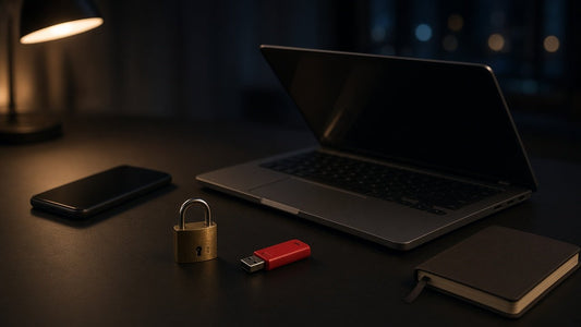 Smartphone, laptop, notebook, brass padlock and red USB stick on a dark desk at night
