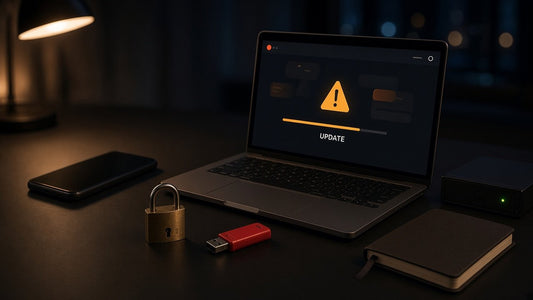 Laptop on a dark desk showing a PHP update warning and progress bar, beside a small server box, a brass padlock and a red USB stick