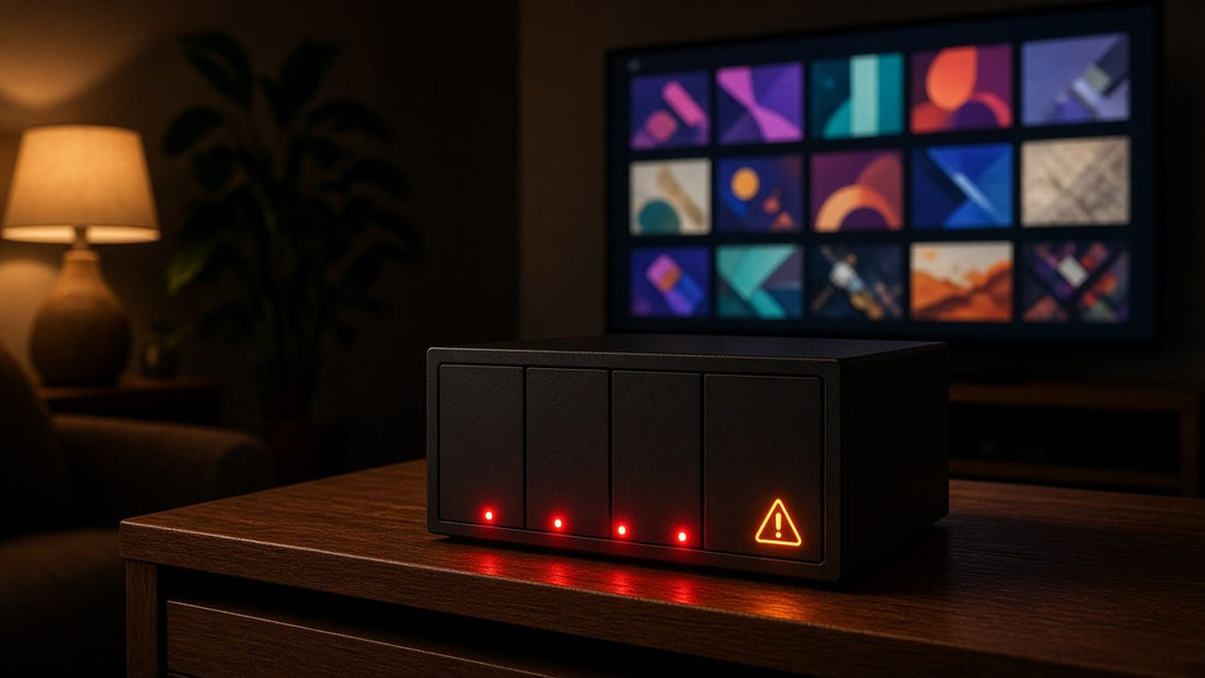 Home media server box on a TV unit at night glowing with red lights and an amber warning symbol, in front of a TV showing a media library