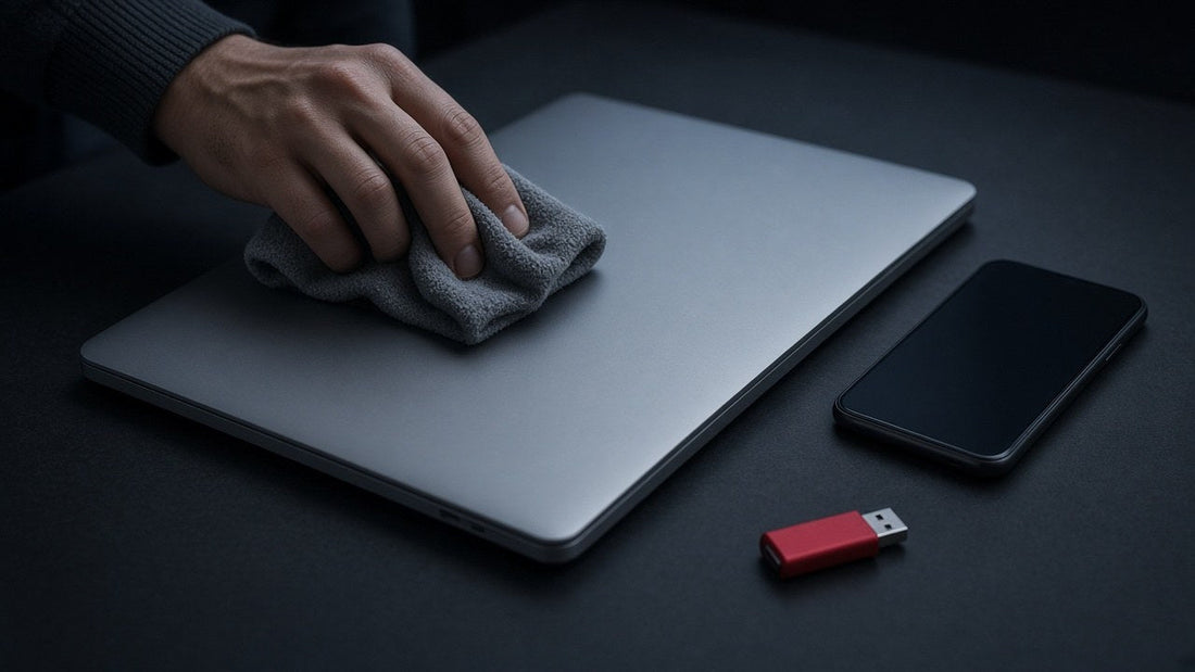 Hand wiping a closed laptop with a cloth beside a smartphone and a red USB stick