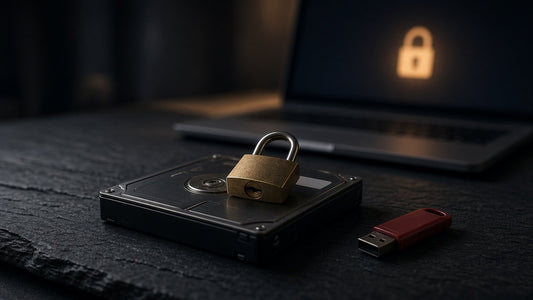 Hard drive with a brass padlock on dark slate, a laptop lock screen and a red USB stick nearby
