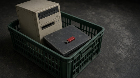 Old desktop tower and laptop in a green recycling crate with a red USB stick on top