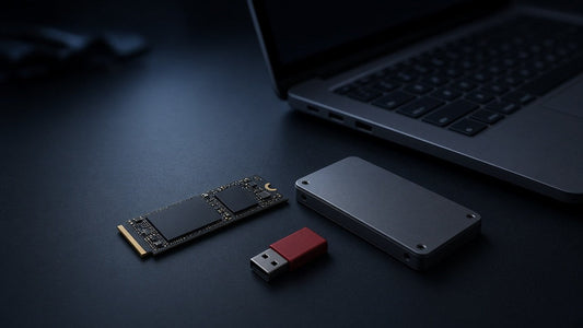 Bare M.2 SSD and a portable drive beside a laptop and a red USB stick on a dark desk