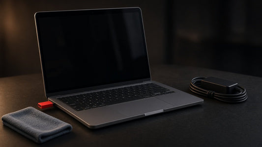 Clean open laptop with a coiled charger, microfibre cloth and red USB stick on a dark desk