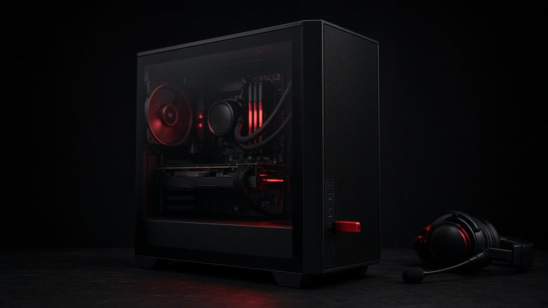 Black gaming PC with red lighting, a headset and a red USB stick in the front panel