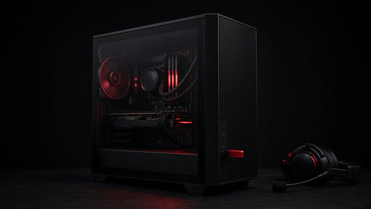 Black gaming PC with red lighting, a headset and a red USB stick in the front panel