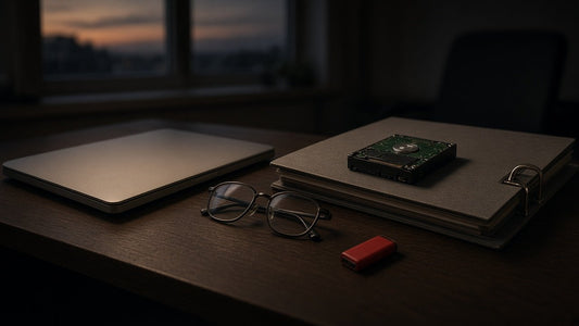 Office desk at dusk with a closed laptop, a lever-arch file holding a drive, glasses and a red USB stick