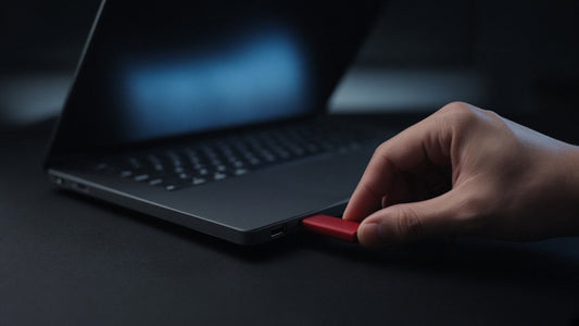 Hand inserting a red USB stick into a laptop on a dark desk