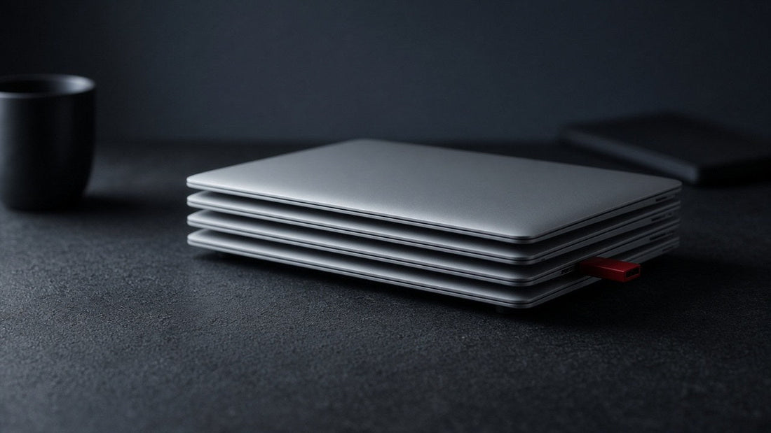 Stack of closed retired laptops on a dark desk with a red USB stick plugged into the side