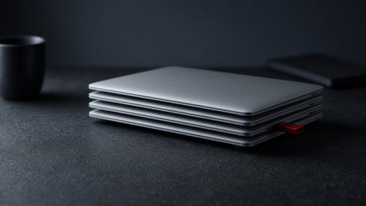 Stack of closed retired laptops on a dark desk with a red USB stick plugged into the side