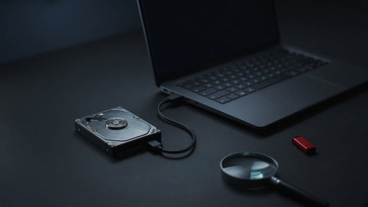 Hard drive connected to a laptop by cable with a magnifying glass and a red USB stick on a dark desk