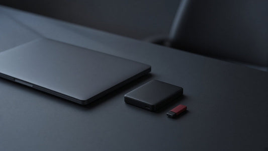 Closed laptop and an external drive on a dark desk with a red USB stick