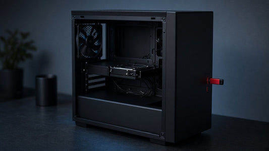 Open desktop computer case on a dark desk with a red USB stick plugged into the front