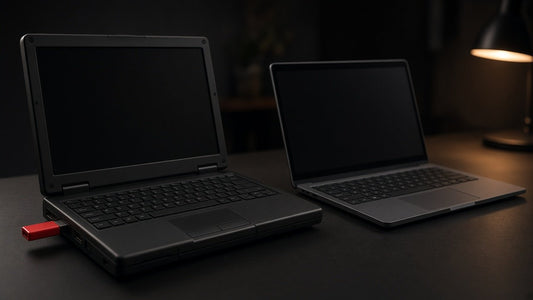 Older bulky laptop with a red USB stick beside a newer slim laptop on a dark desk