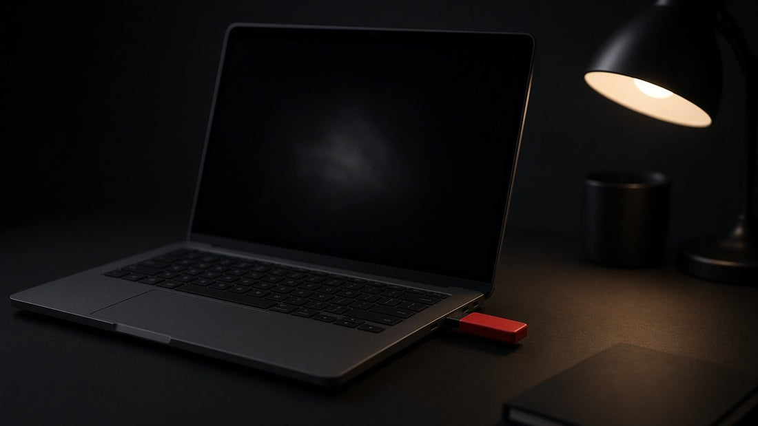 Open laptop with a dark error screen and a red USB stick in the side port under a desk lamp