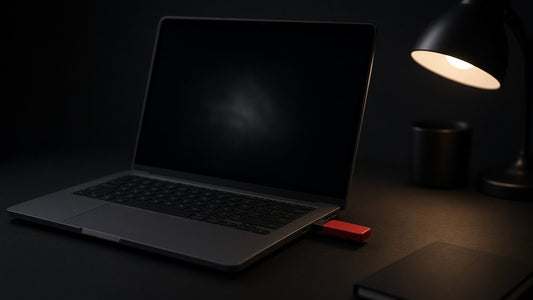 Open laptop with a dark error screen and a red USB stick in the side port under a desk lamp