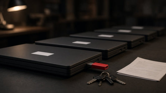 Row of closed laptops with blank asset labels, a red USB stick, keys and a return form