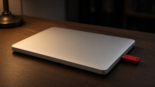Closed silver aluminium notebook with a red USB stick in its side port on a walnut desk