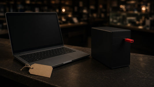 Laptop with a blank trade-in tag and a small desktop PC with a red USB stick on a shop counter