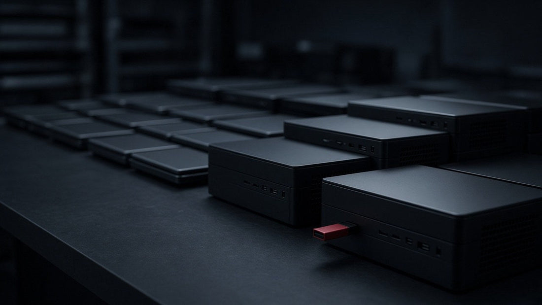 Rows of retired small desktop computers on a dark bench with a red USB stick plugged into one