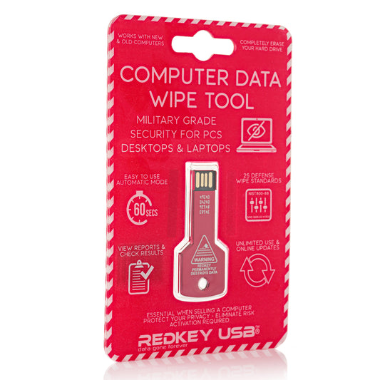 Redkey USB computer data wipe tool in its original retail blister packaging, featuring a metallic red USB flash drive with a triangular security seal, set against a clean white background.