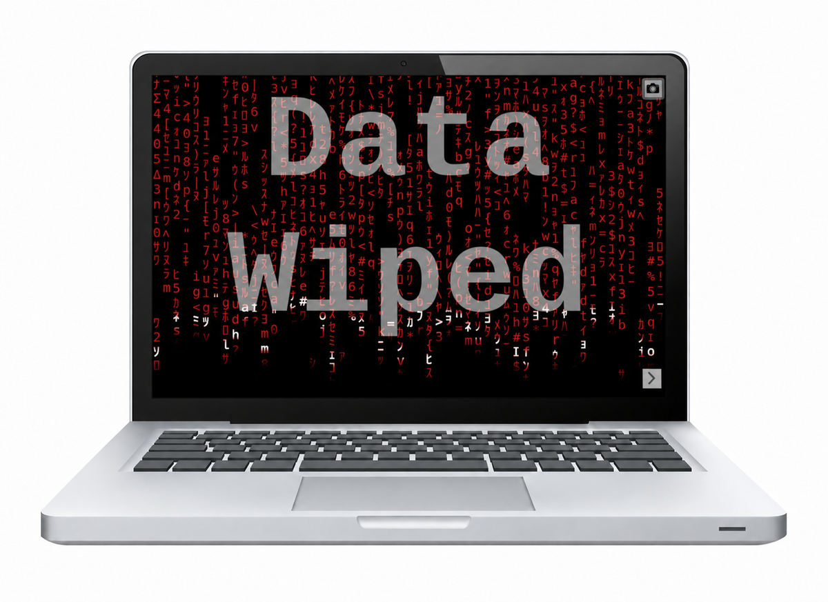 Redkey Data Wiped confirmation screen displayed on a silver laptop