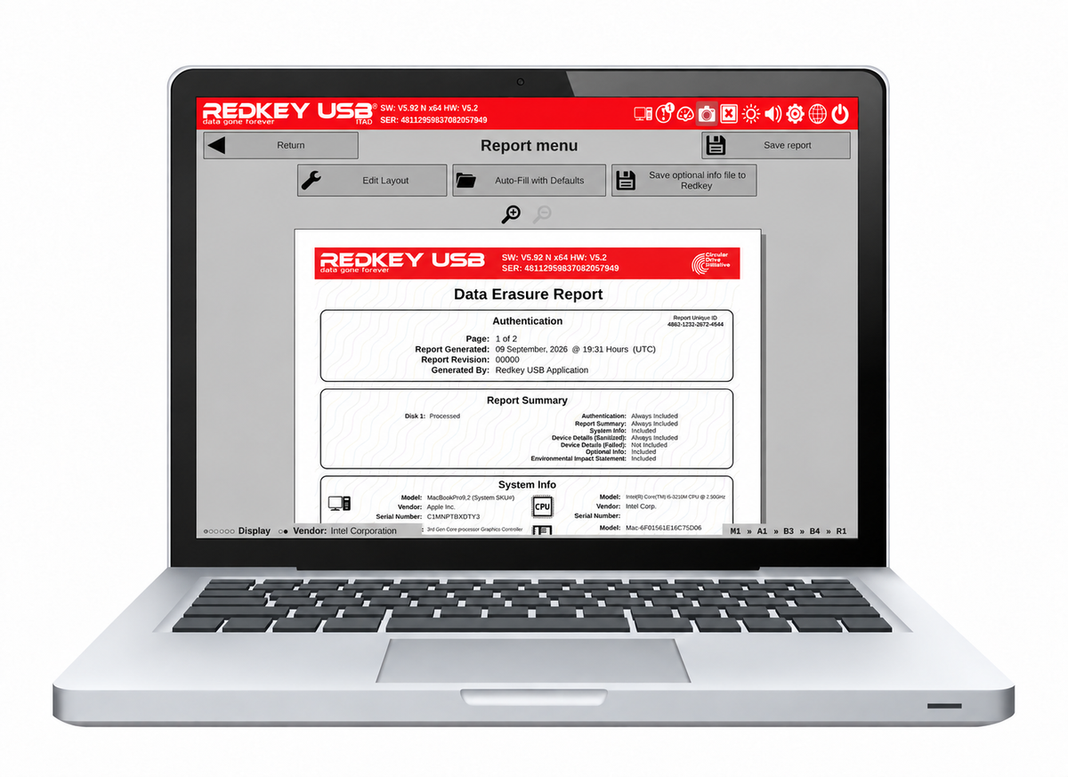 Redkey PDF report menu displayed on a silver laptop